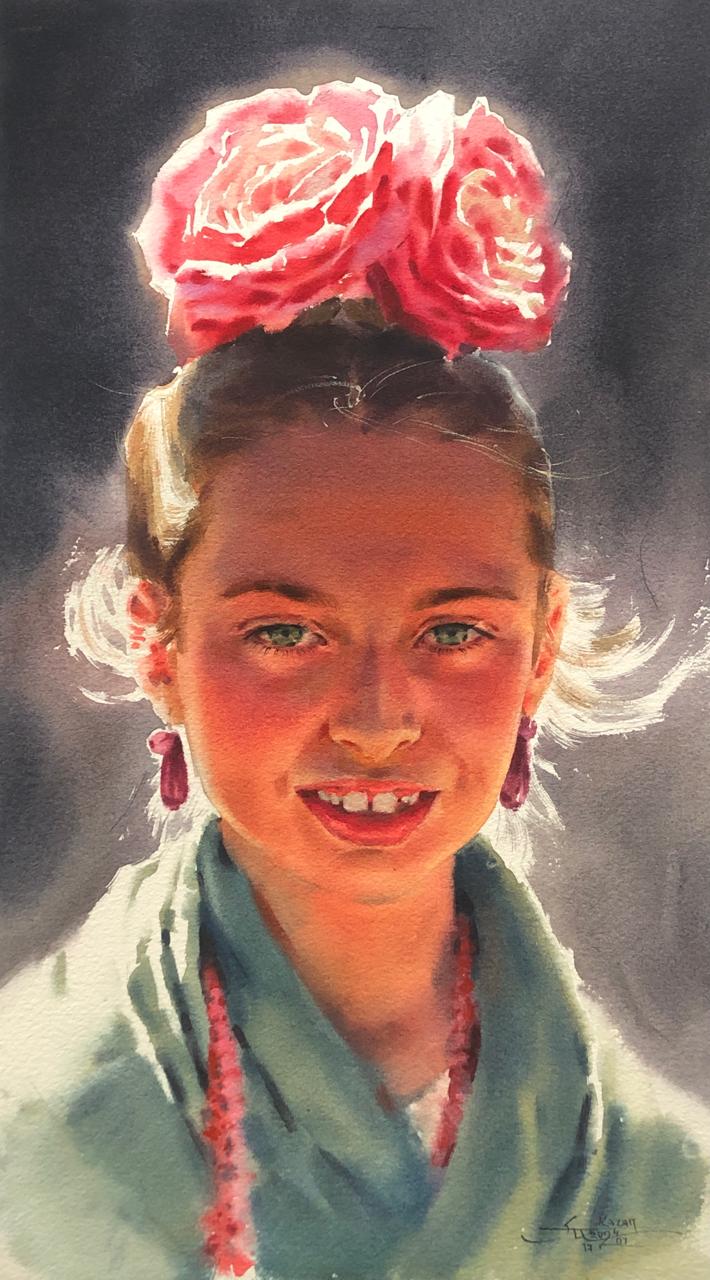 Acuarela con Anna Ivanova. Retrato «Pequeña Flamenca»
